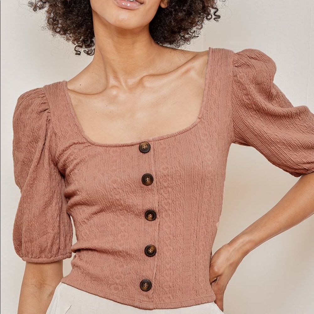 Lulus | Mauve Puff Sleeve Button Front Crop Top